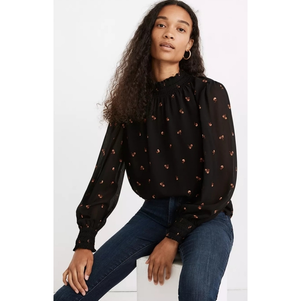 Madewell Floral Smock Top Black Medium